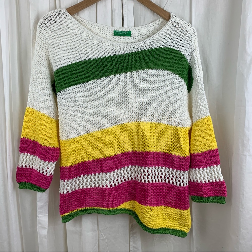 United Colors Of Benetton White Green Yellow Pink Striped Open Knit Sweater